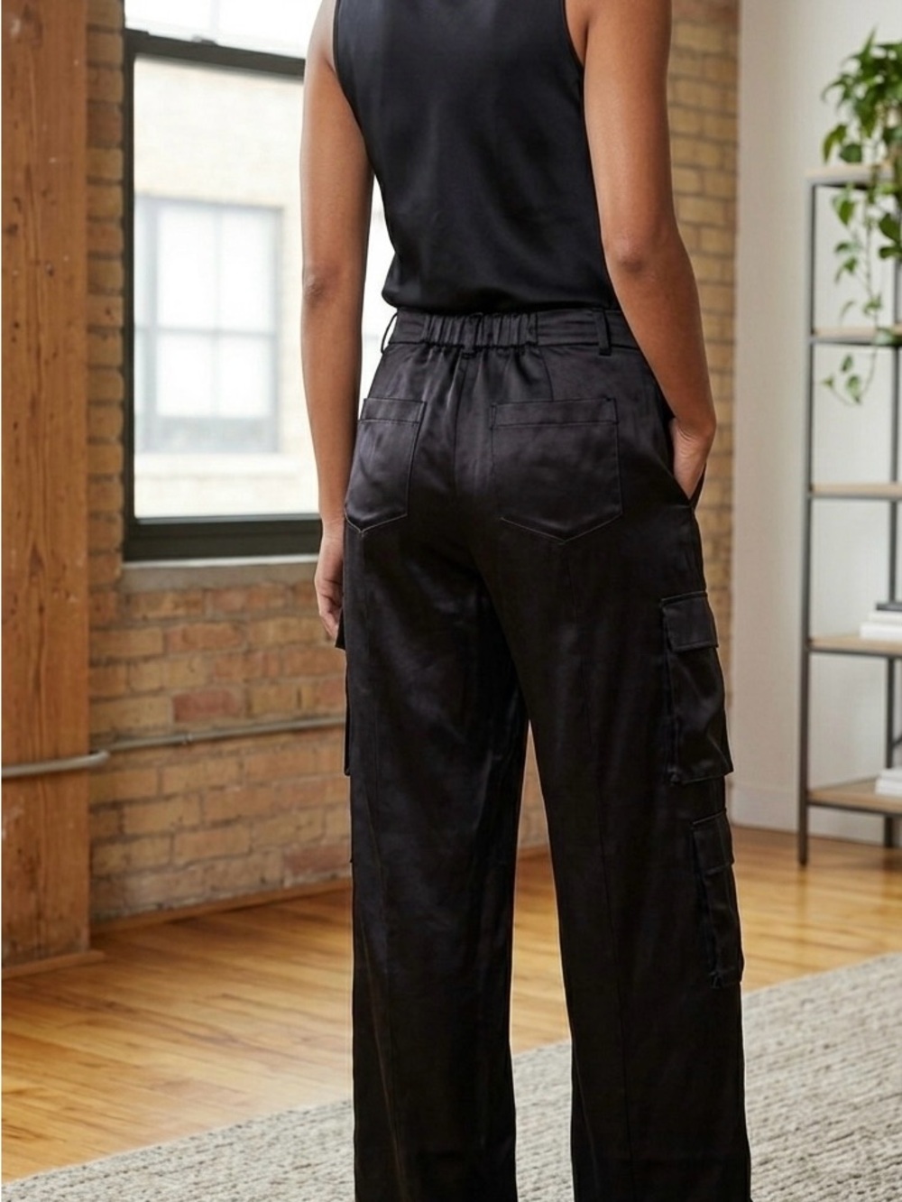 Satin Wide-Leg Cargo Pants in Black - Picture 2 of 6